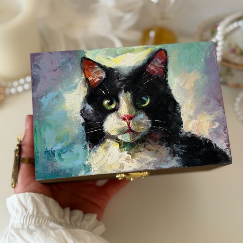 Tuxedo cat hand painted wooden - tuxedo,